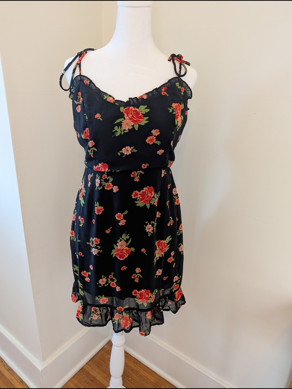 Black Spaghetti Strap Floral Midi Dress